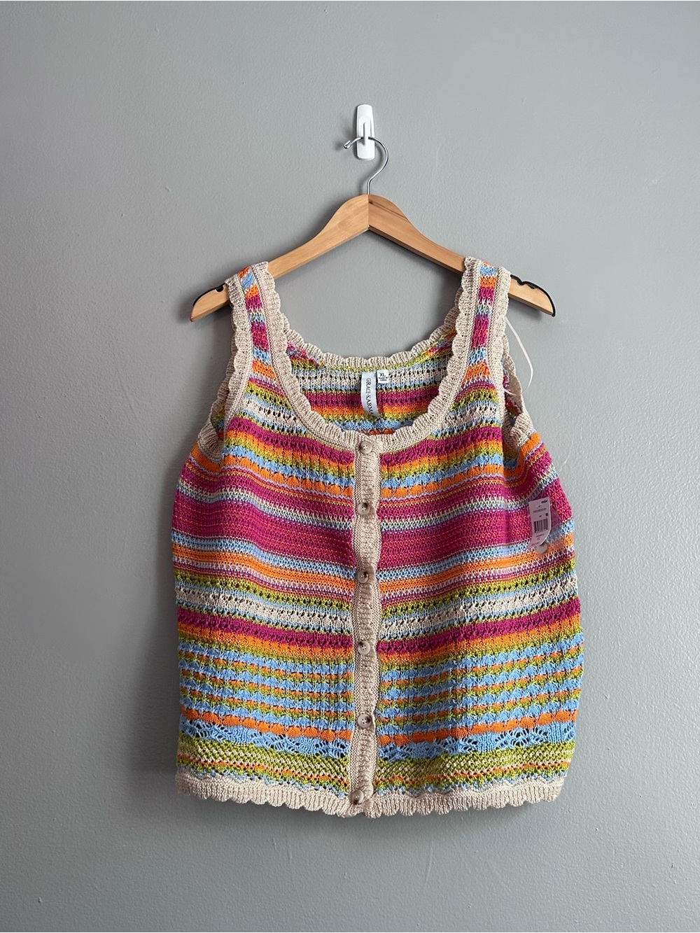 Crochet Button-Front Tank Top in Multicolor, XL